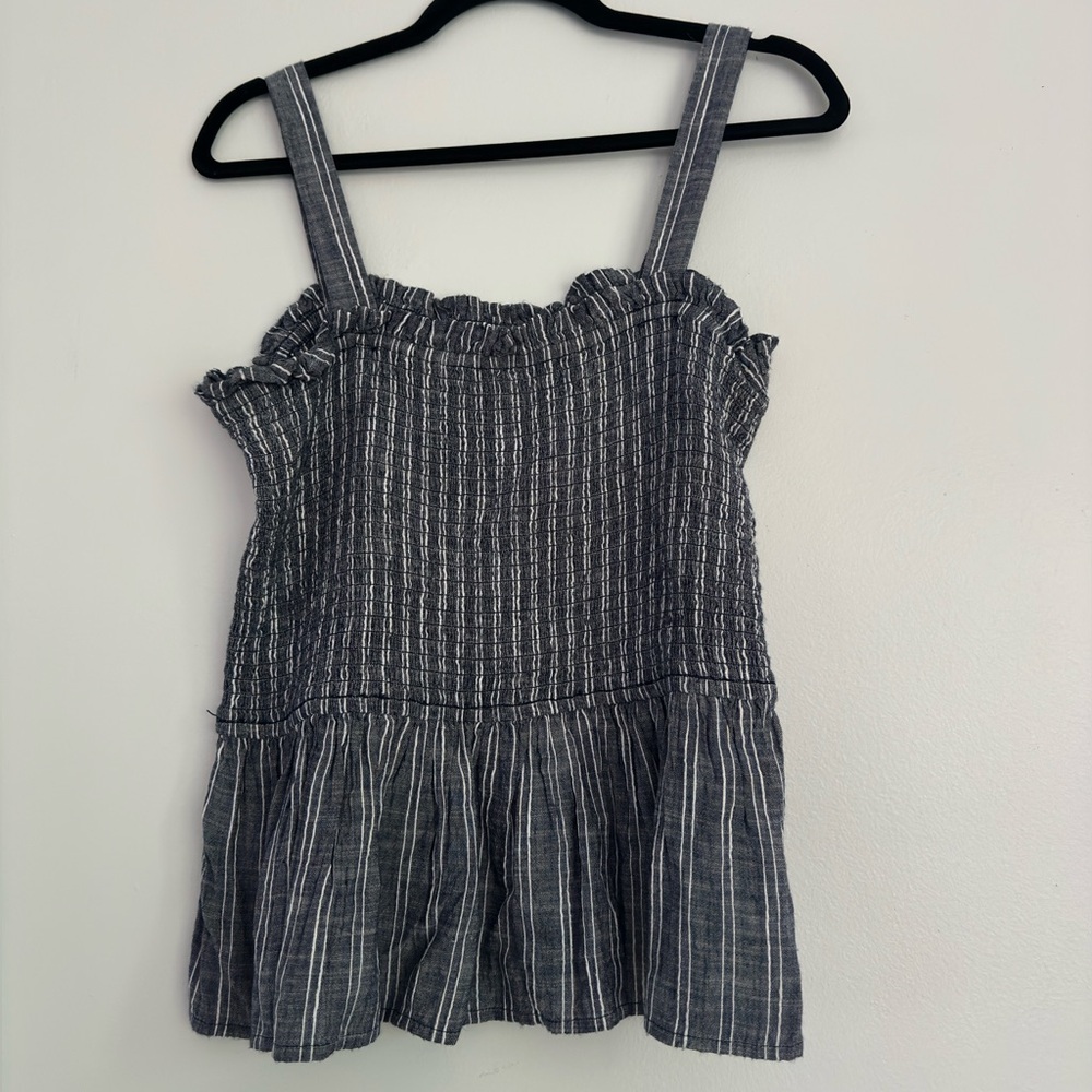 LOFT Beach Striped Smocked Peplum Cami Top Gray White Large